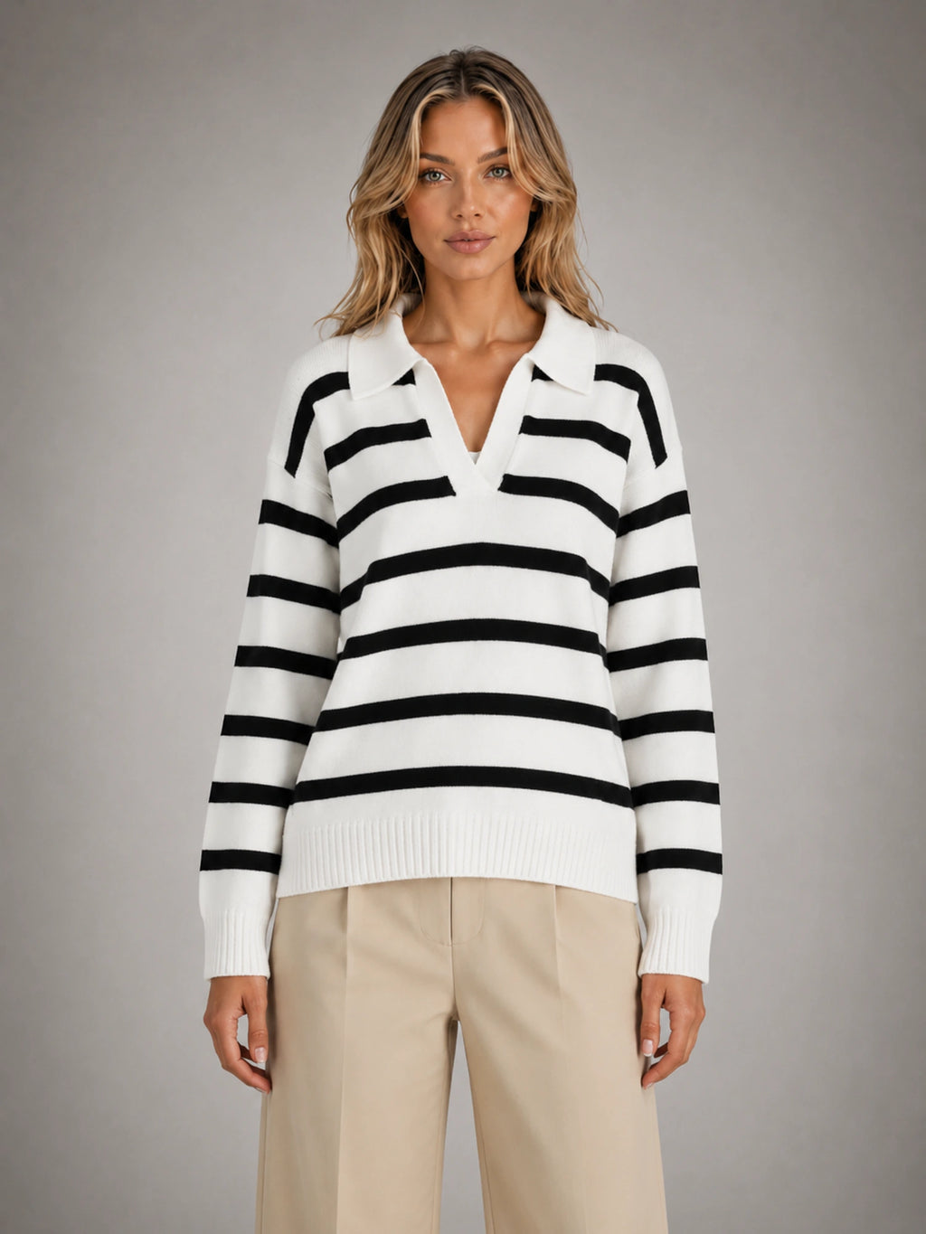 Women's Striped Polo Knit Sweater – Relaxed Collared Fit