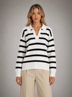 Women's Striped Polo Knit Sweater – Relaxed Collared Fit