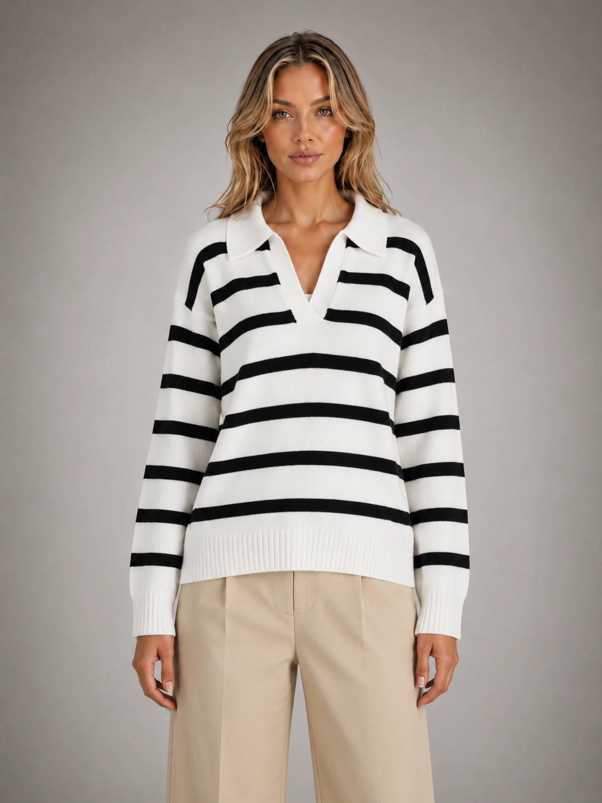 Women's Striped Polo Knit Sweater – Relaxed Collared Fit