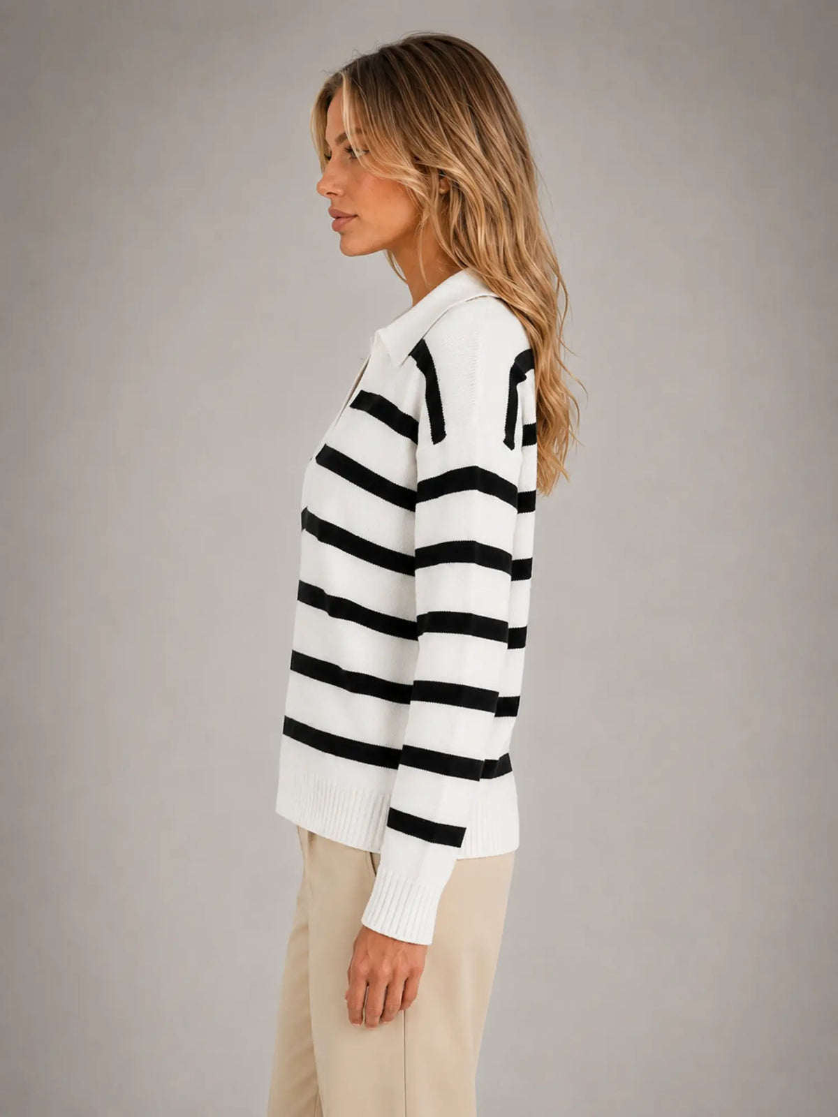 Women's Striped Polo Knit Sweater – Relaxed Collared Fit in black white, side view