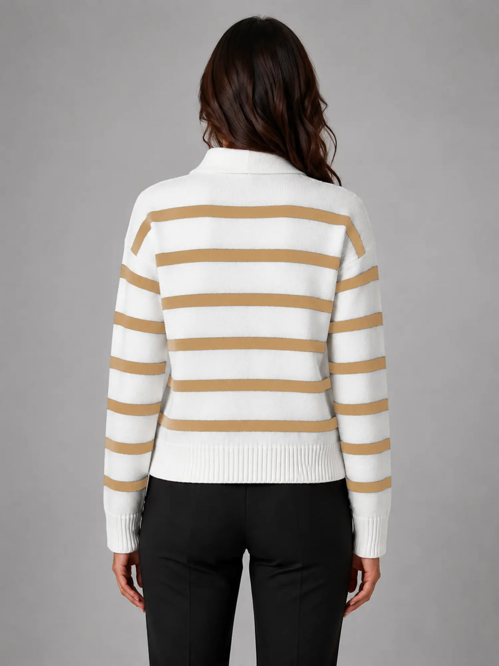 Women's Striped Polo Knit Sweater – Relaxed Collared Fit in camel white, back view