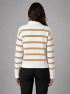 Women's Striped Polo Knit Sweater – Relaxed Collared Fit in camel white, back view