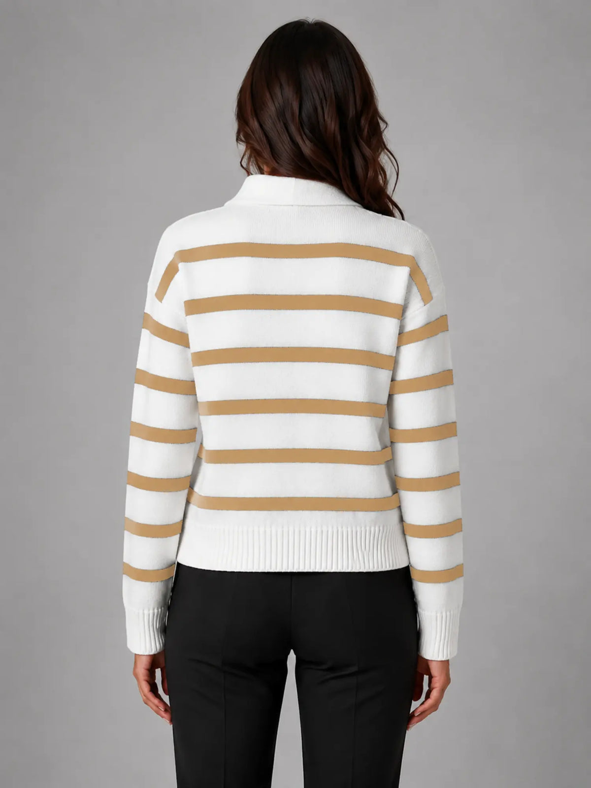 Women's Striped Polo Knit Sweater – Relaxed Collared Fit in camel white, back view