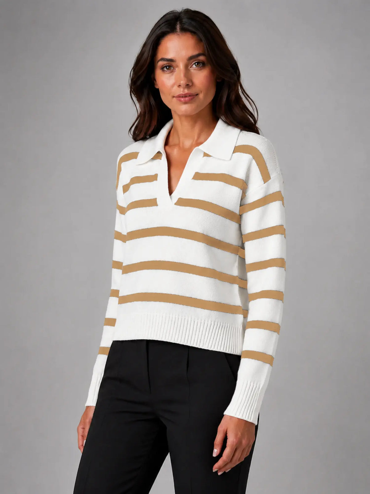 Women's Striped Polo Knit Sweater – Relaxed Collared Fit in camel white, hover view