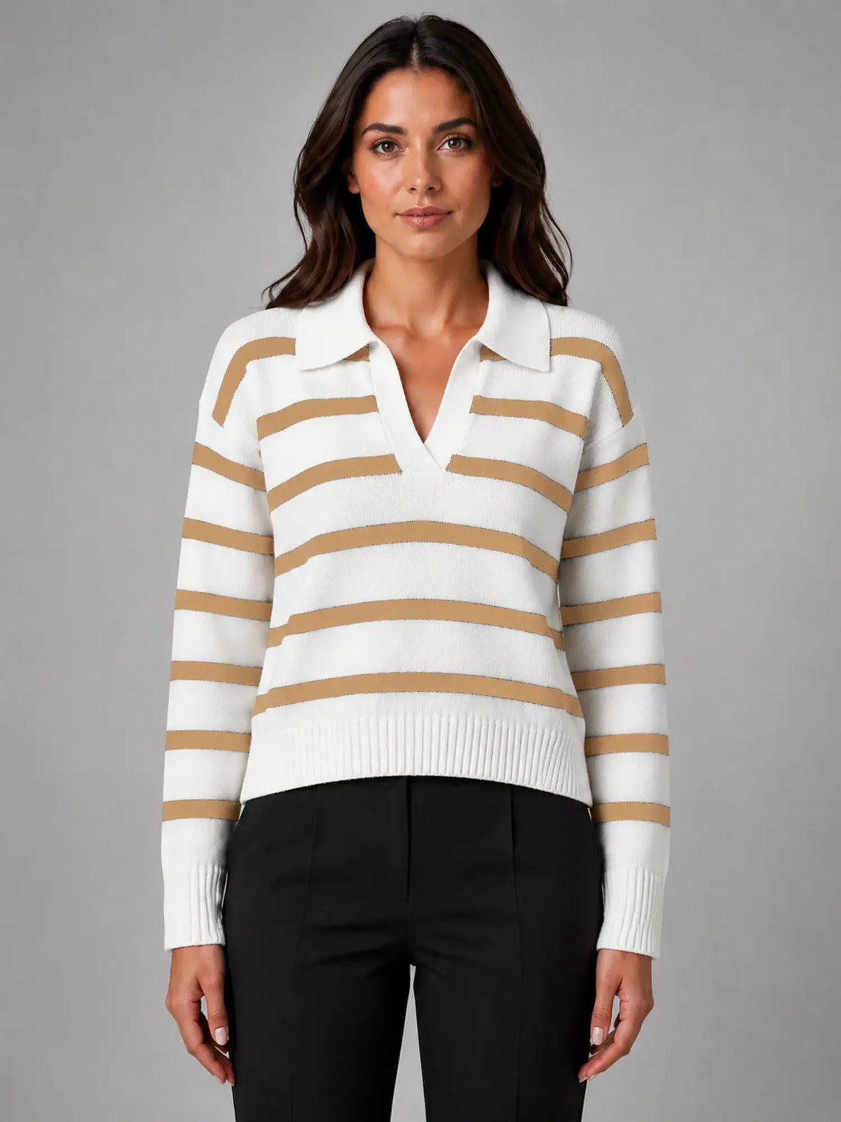 Women's Striped Polo Knit Sweater – Relaxed Collared Fit in camel white, main view
