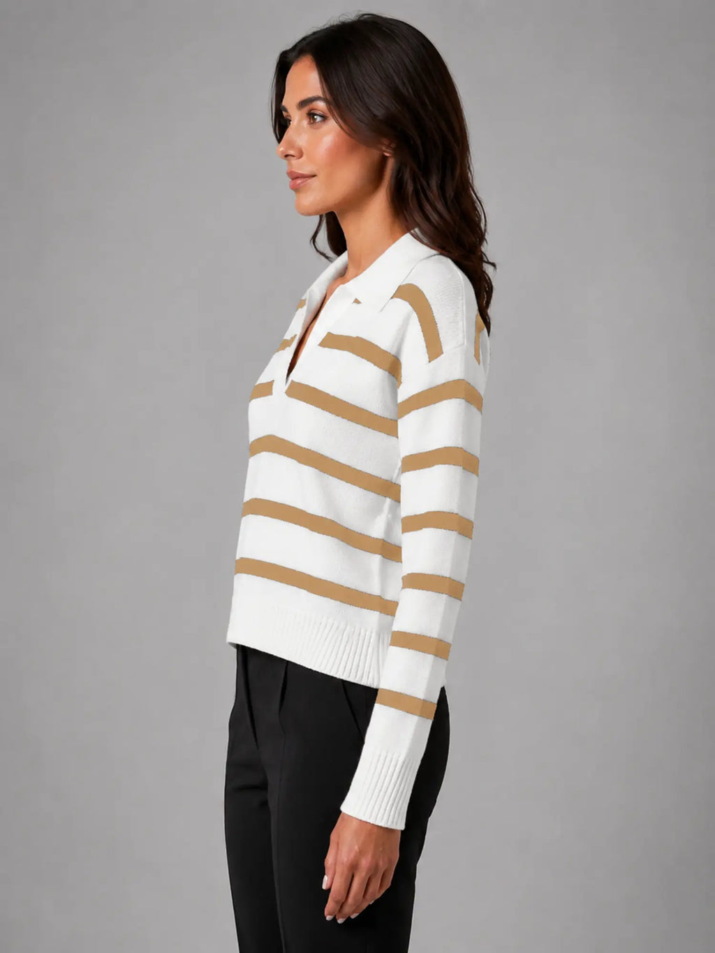 Women's Striped Polo Knit Sweater – Relaxed Collared Fit in camel white, side view