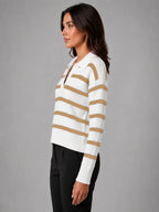 Women's Striped Polo Knit Sweater – Relaxed Collared Fit in camel white, side view