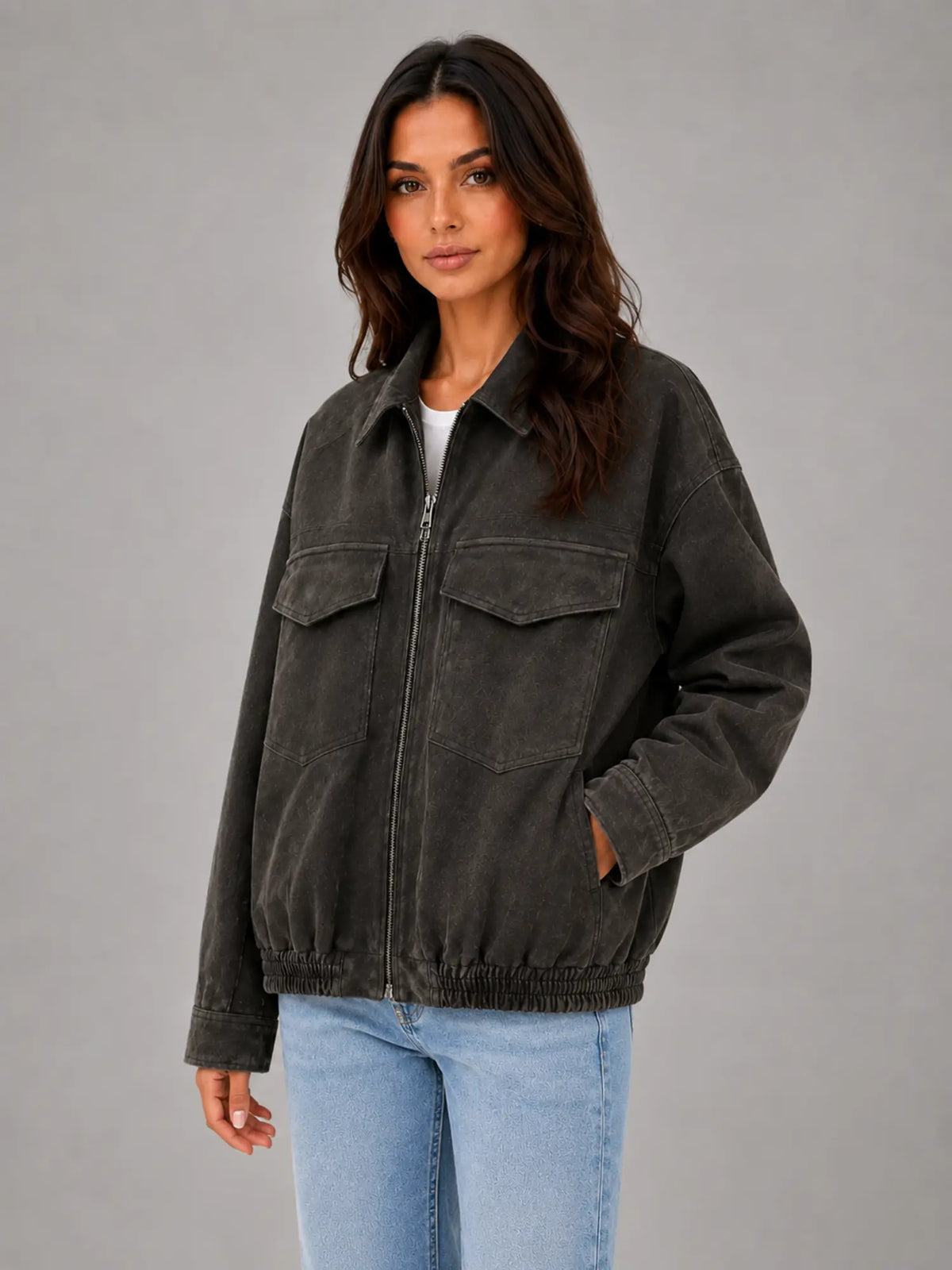 Women's Suede-Look Field Jacket – Relaxed Utility Outerwear in charcoal, hover view