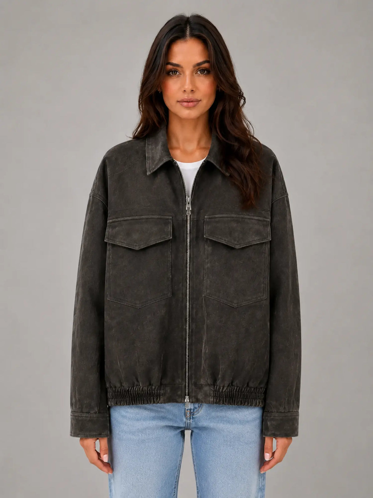 Women's Suede-Look Field Jacket – Relaxed Utility Outerwear in charcoal, main view