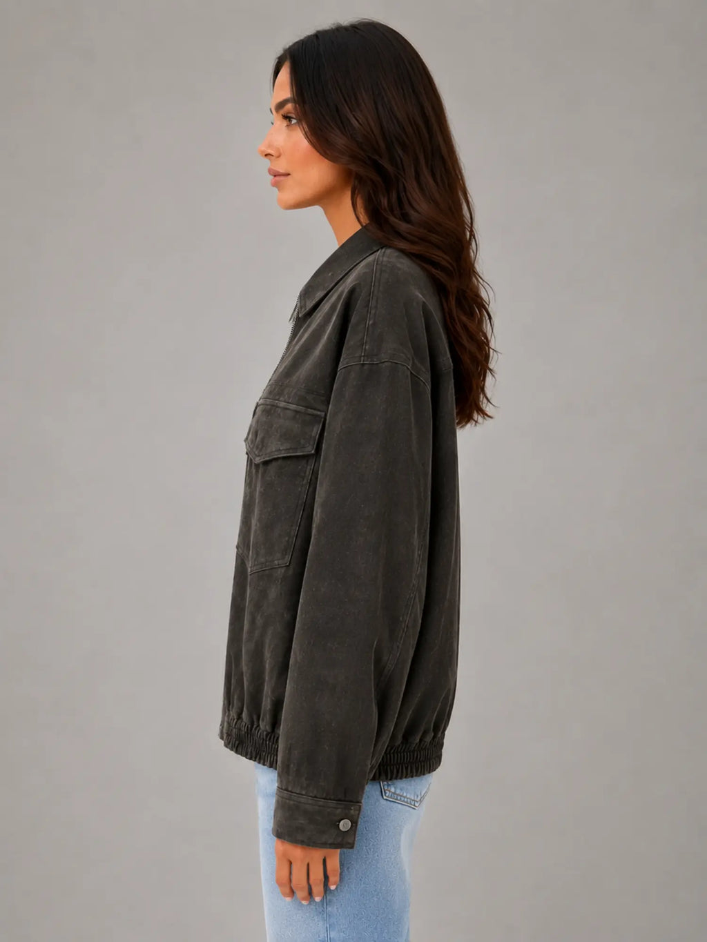 Women's Suede-Look Field Jacket – Relaxed Utility Outerwear in charcoal, side view
