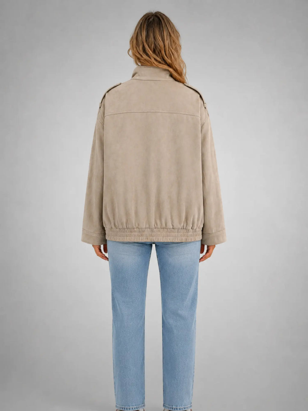 Women's Suede-Look Field Jacket – Relaxed Utility Outerwear in stone, back view