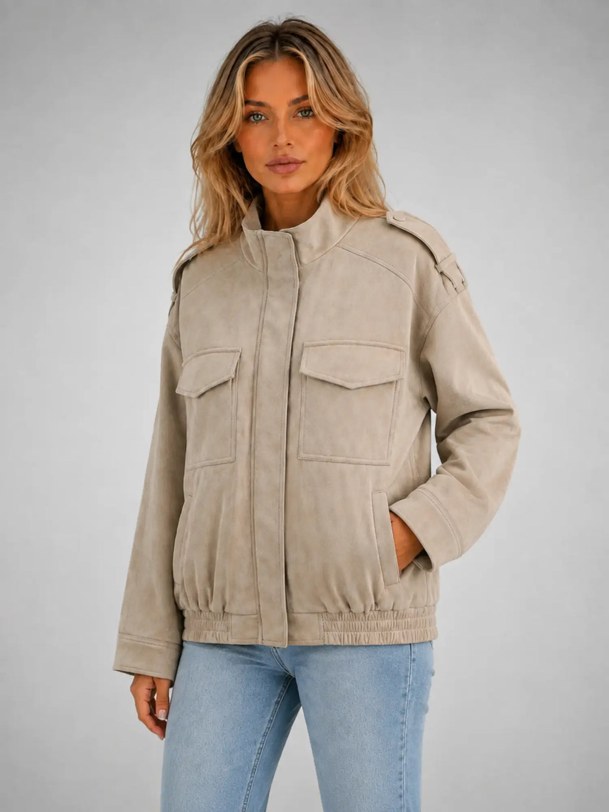 Women's Suede-Look Field Jacket – Relaxed Utility Outerwear in stone, hover view