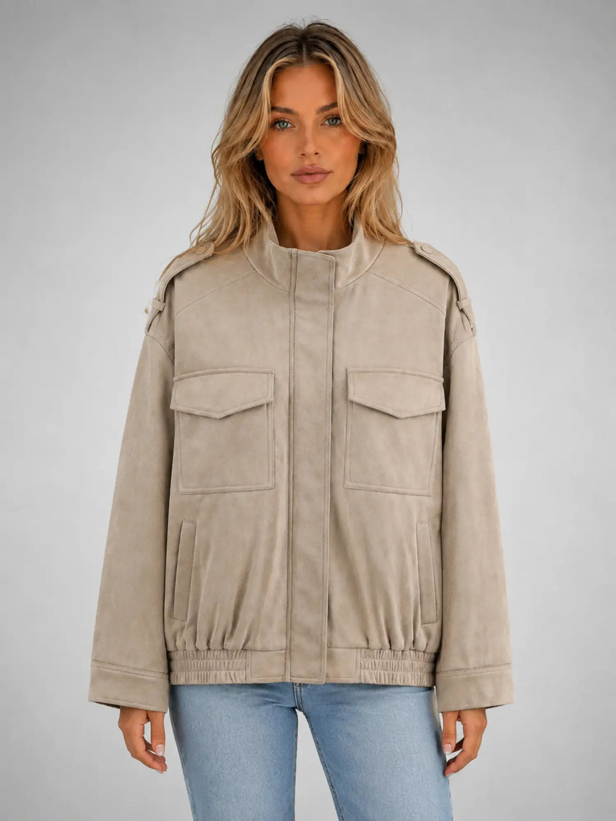 Women's Suede-Look Field Jacket – Relaxed Utility Outerwear in stone, main view