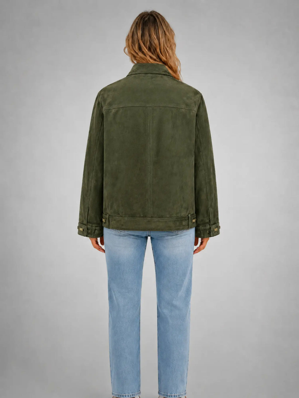 Women's Suede-Look Utility Jacket – Relaxed Casual Outerwear in olive, back view