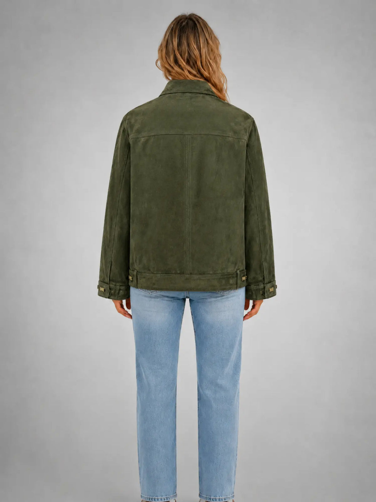 Women's Suede-Look Utility Jacket – Relaxed Casual Outerwear in olive, back view