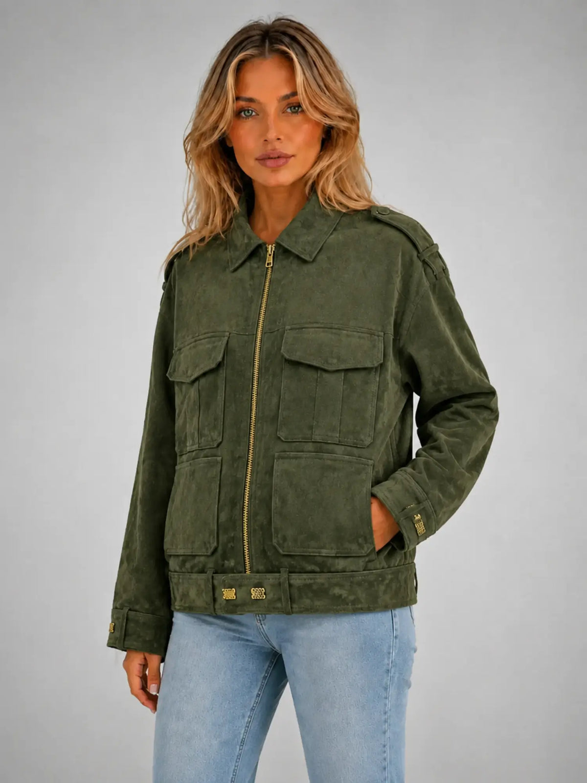 Women's Suede-Look Utility Jacket – Relaxed Casual Outerwear in olive, hover view