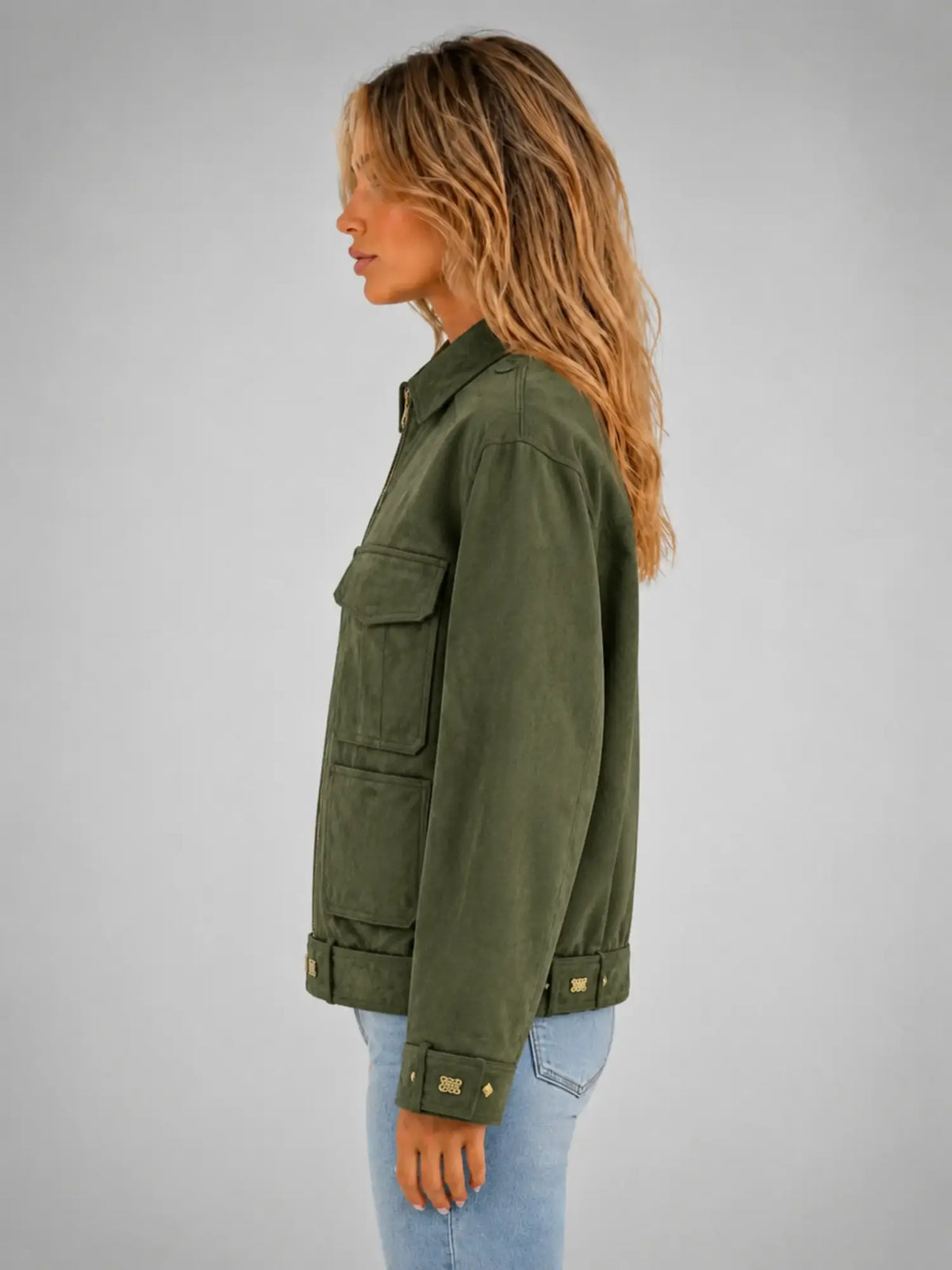 Women's Suede-Look Utility Jacket – Relaxed Casual Outerwear in olive, side view