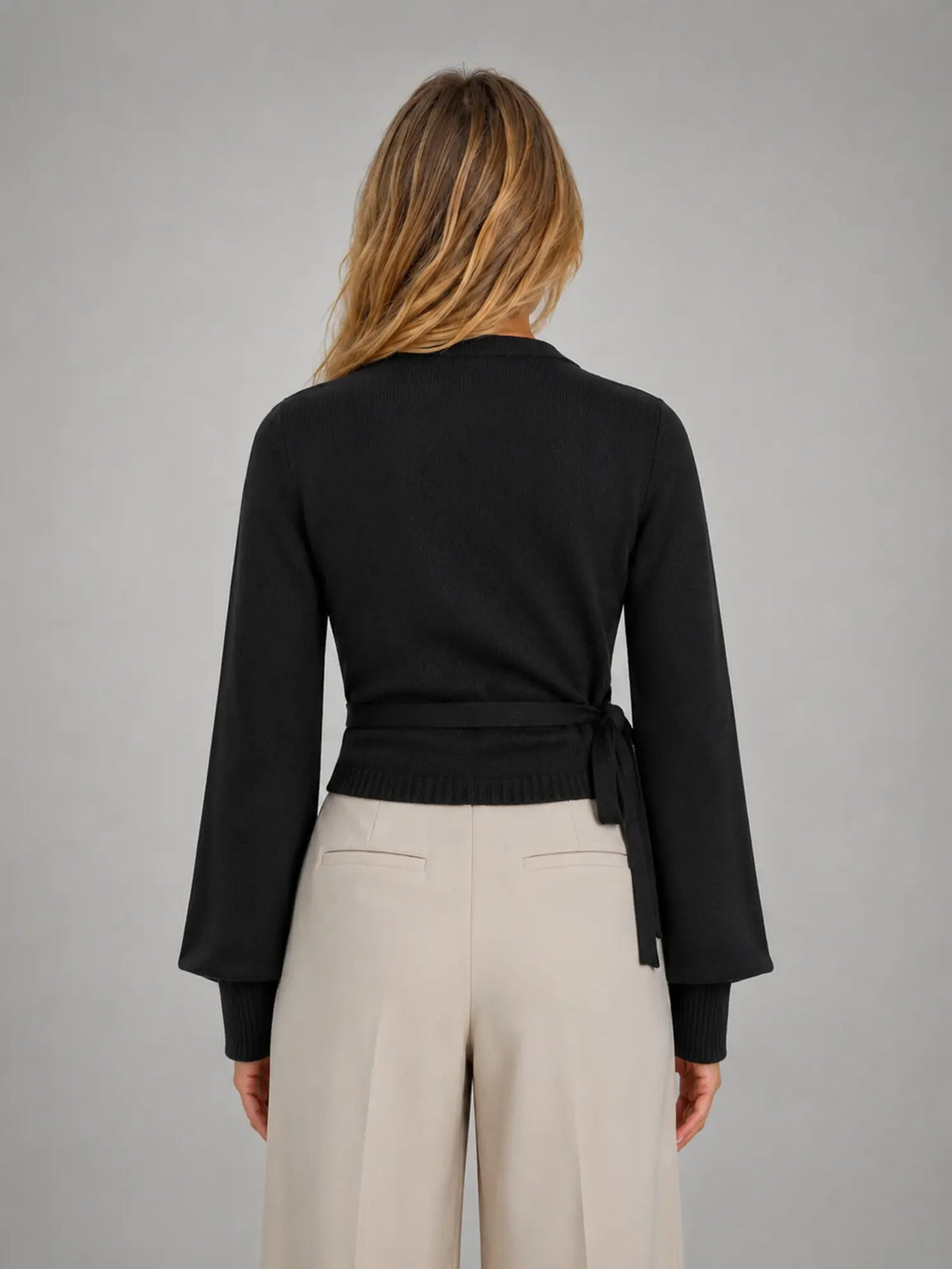 Women's Wrap-Tie Knit Sweater – Adjustable Feminine Fit in black, back view