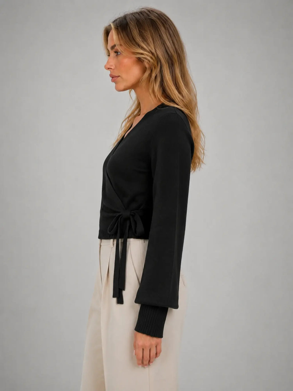 Women's Wrap-Tie Knit Sweater – Adjustable Feminine Fit in black, side view