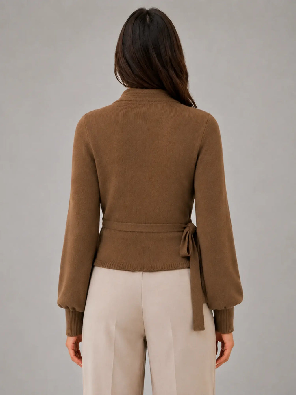 Women's Wrap-Tie Knit Sweater – Adjustable Feminine Fit in brown, back view