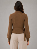 Women's Wrap-Tie Knit Sweater – Adjustable Feminine Fit in brown, back view