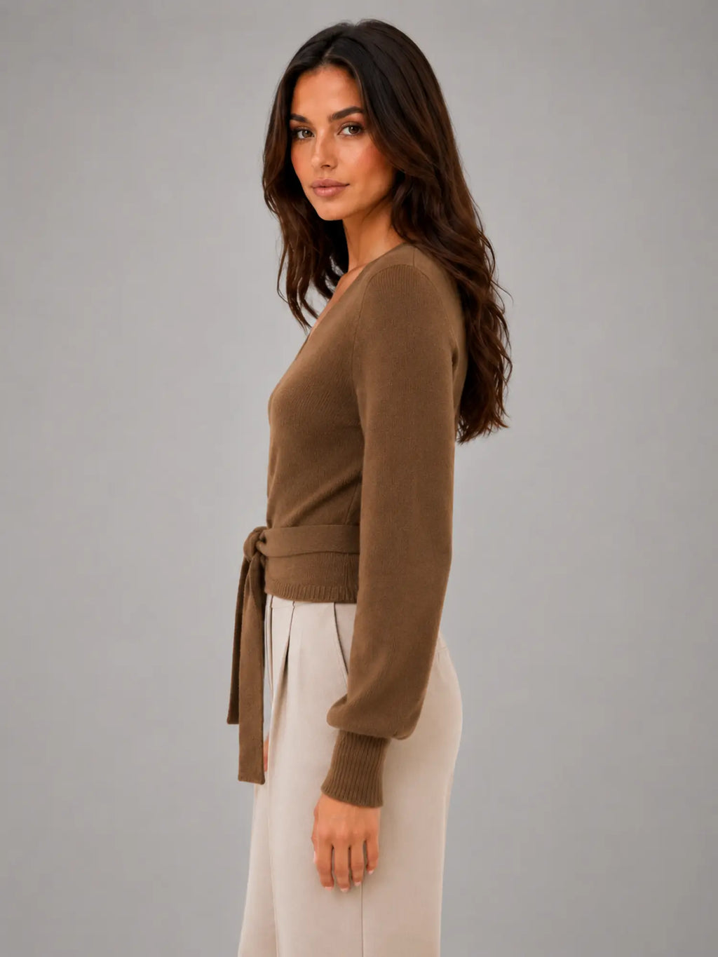 Women's Wrap-Tie Knit Sweater – Adjustable Feminine Fit in brown, side view