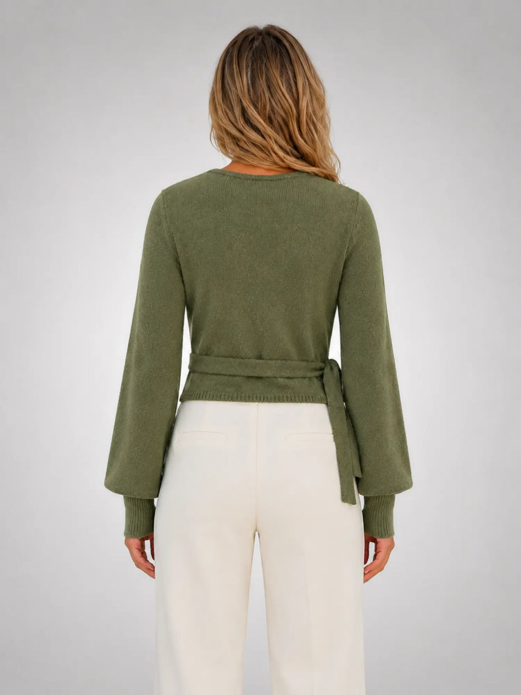 Women's Wrap-Tie Knit Sweater – Adjustable Feminine Fit in olive, back view