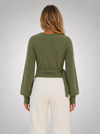Women's Wrap-Tie Knit Sweater – Adjustable Feminine Fit in olive, back view