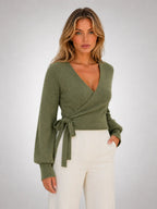 Women's Wrap-Tie Knit Sweater – Adjustable Feminine Fit in olive, hover view