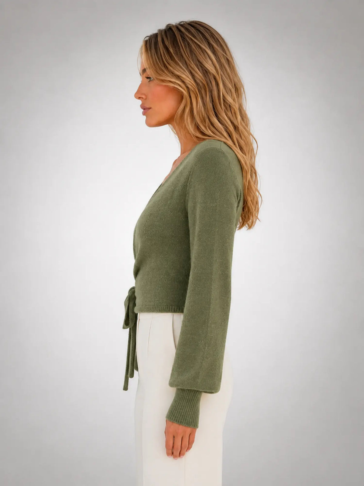Women's Wrap-Tie Knit Sweater – Adjustable Feminine Fit in olive, side view