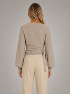 Women's Wrap-Tie Knit Sweater – Adjustable Feminine Fit in taupe, back view