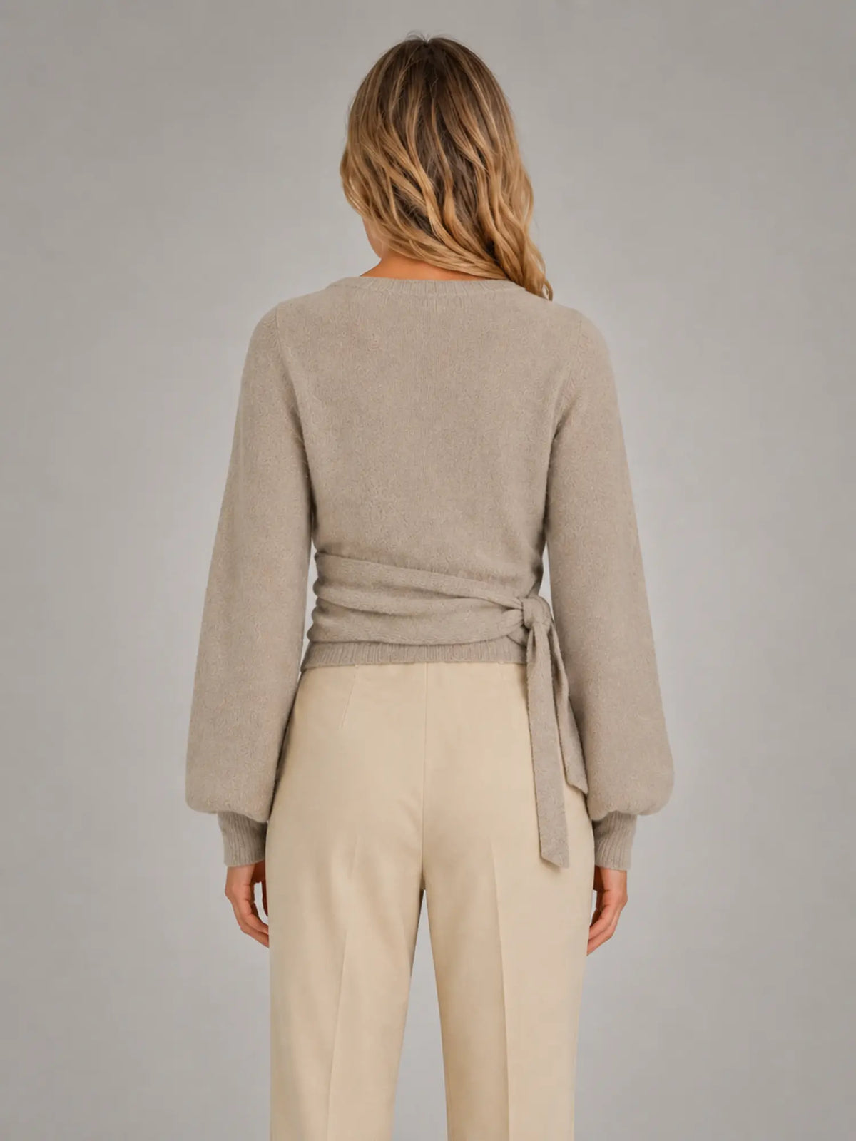 Women's Wrap-Tie Knit Sweater – Adjustable Feminine Fit in taupe, back view
