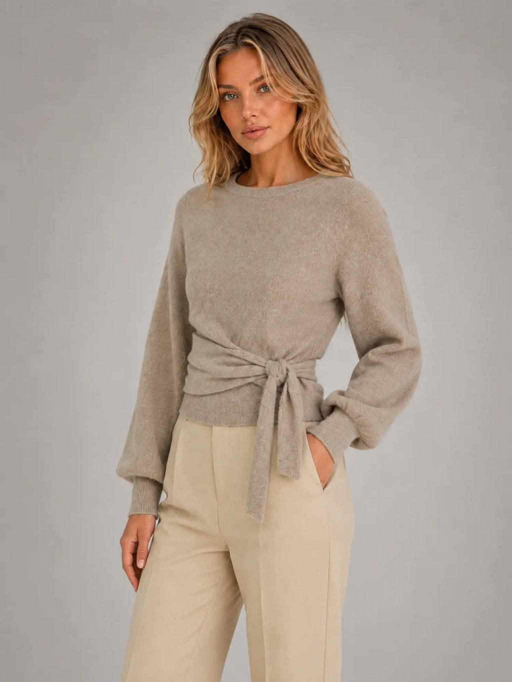Women's Wrap-Tie Knit Sweater – Adjustable Feminine Fit in taupe, hover view