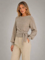 Women's Wrap-Tie Knit Sweater – Adjustable Feminine Fit in taupe, hover view
