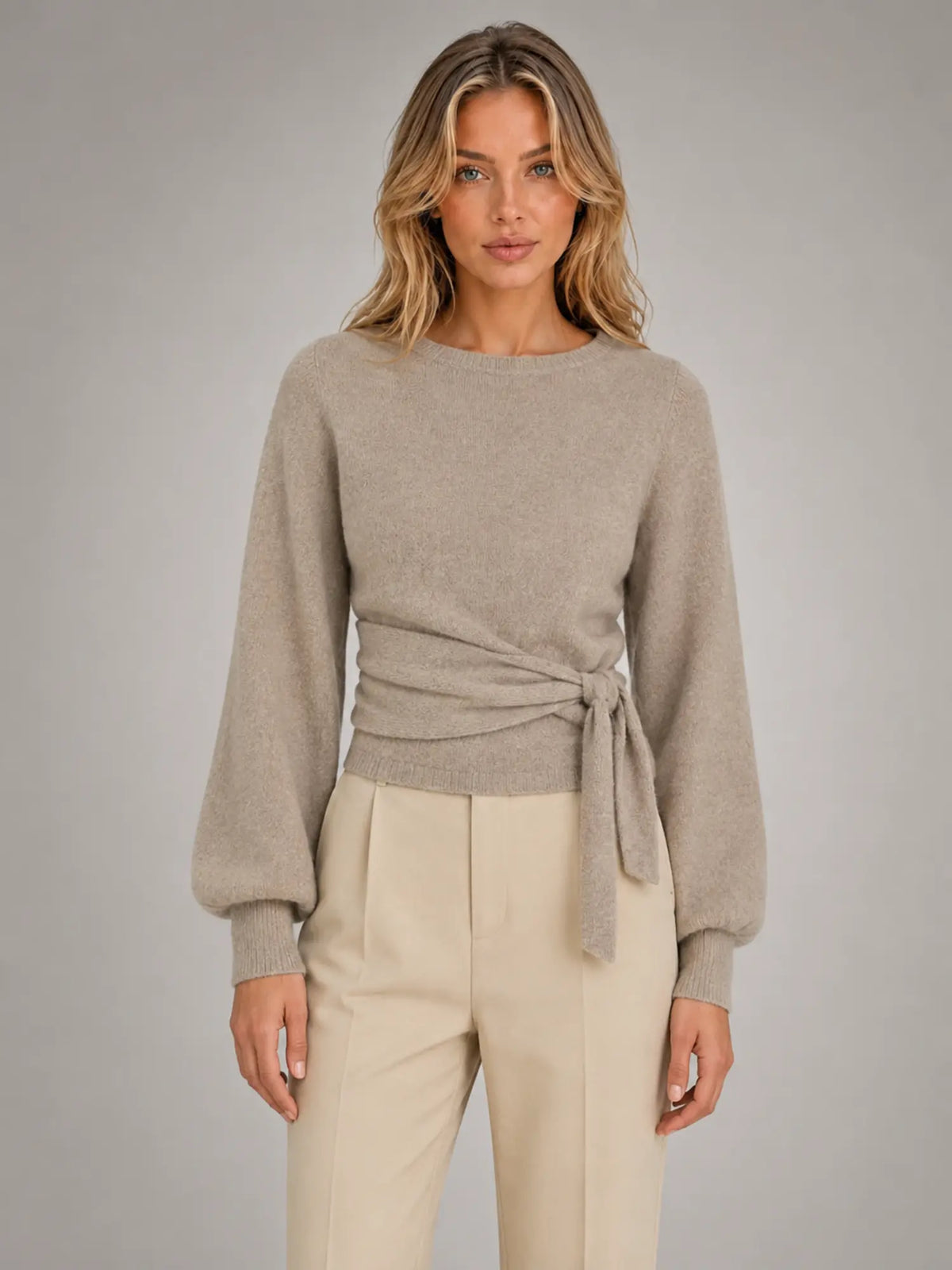 Women's Wrap-Tie Knit Sweater – Adjustable Feminine Fit in taupe, main view