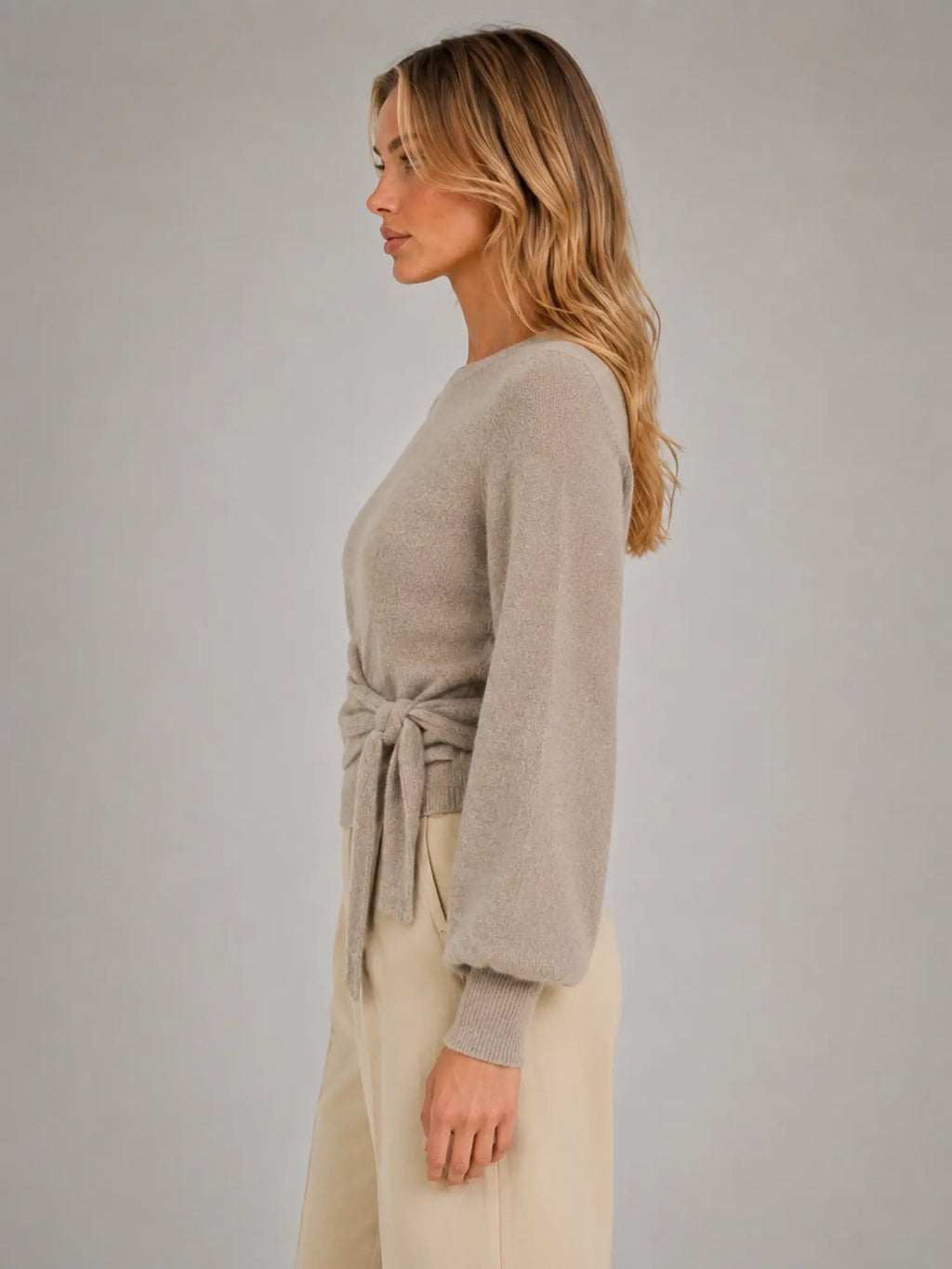 Women's Wrap-Tie Knit Sweater – Adjustable Feminine Fit in taupe, side view