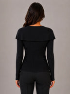 Women's Ribbed Cardigan – Gold Button Cape Collar in Black – Back view
