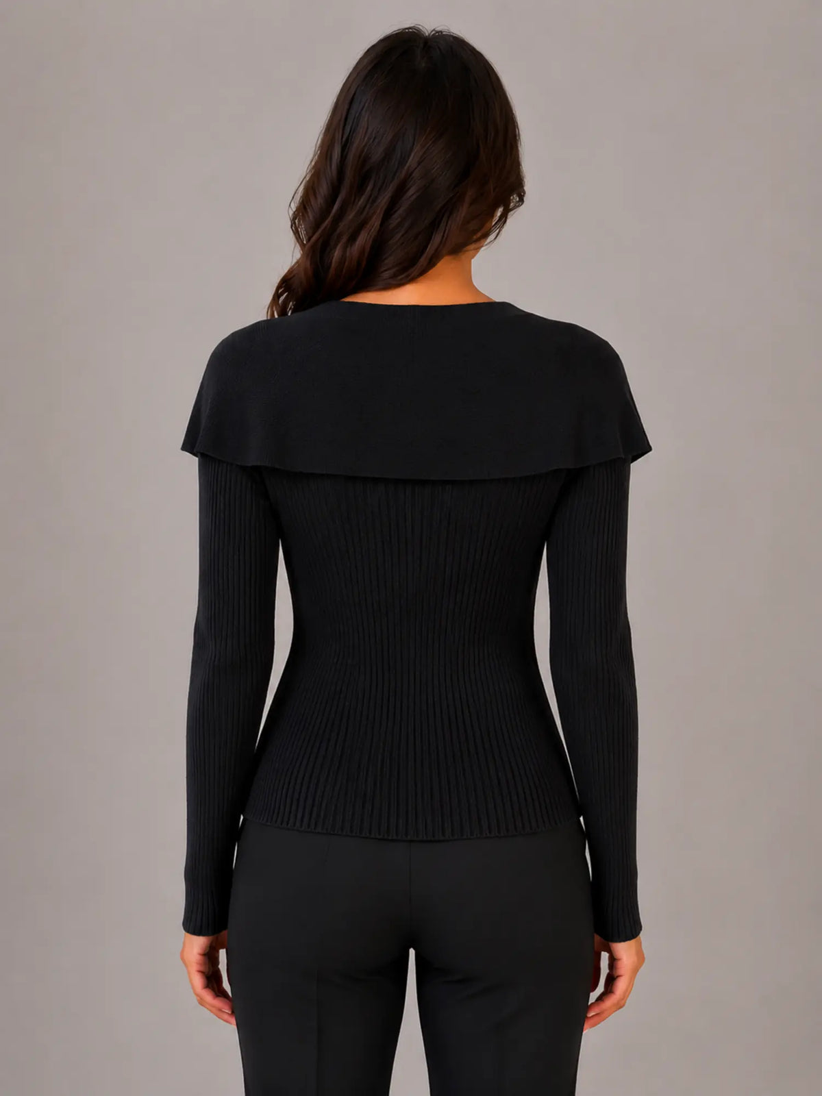 Women's Ribbed Cardigan – Gold Button Cape Collar in Black – Back view