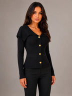Women's Ribbed Cardigan – Gold Button Cape Collar in Black – Hover view