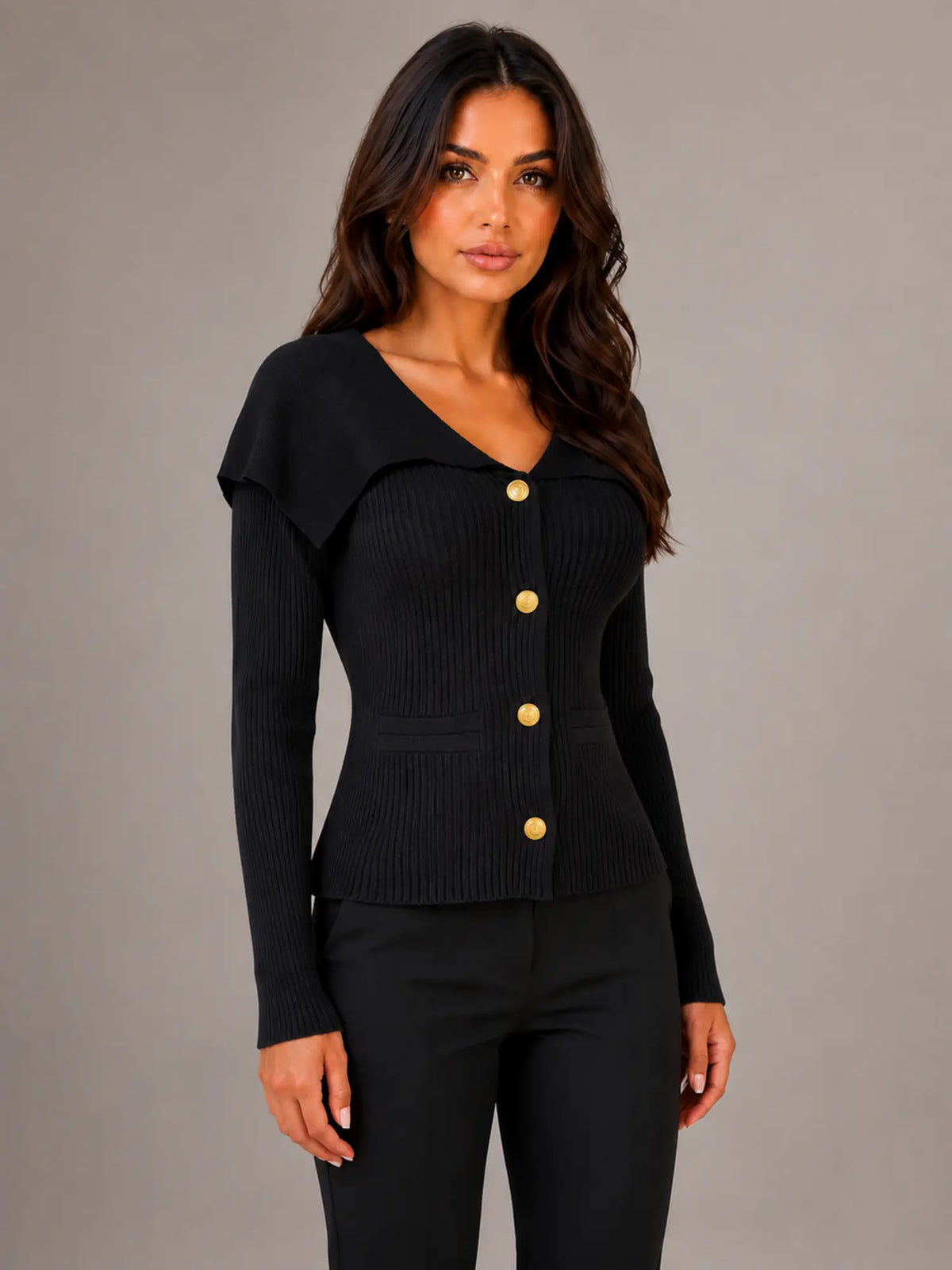 Women's Ribbed Cardigan – Gold Button Cape Collar in Black – Hover view