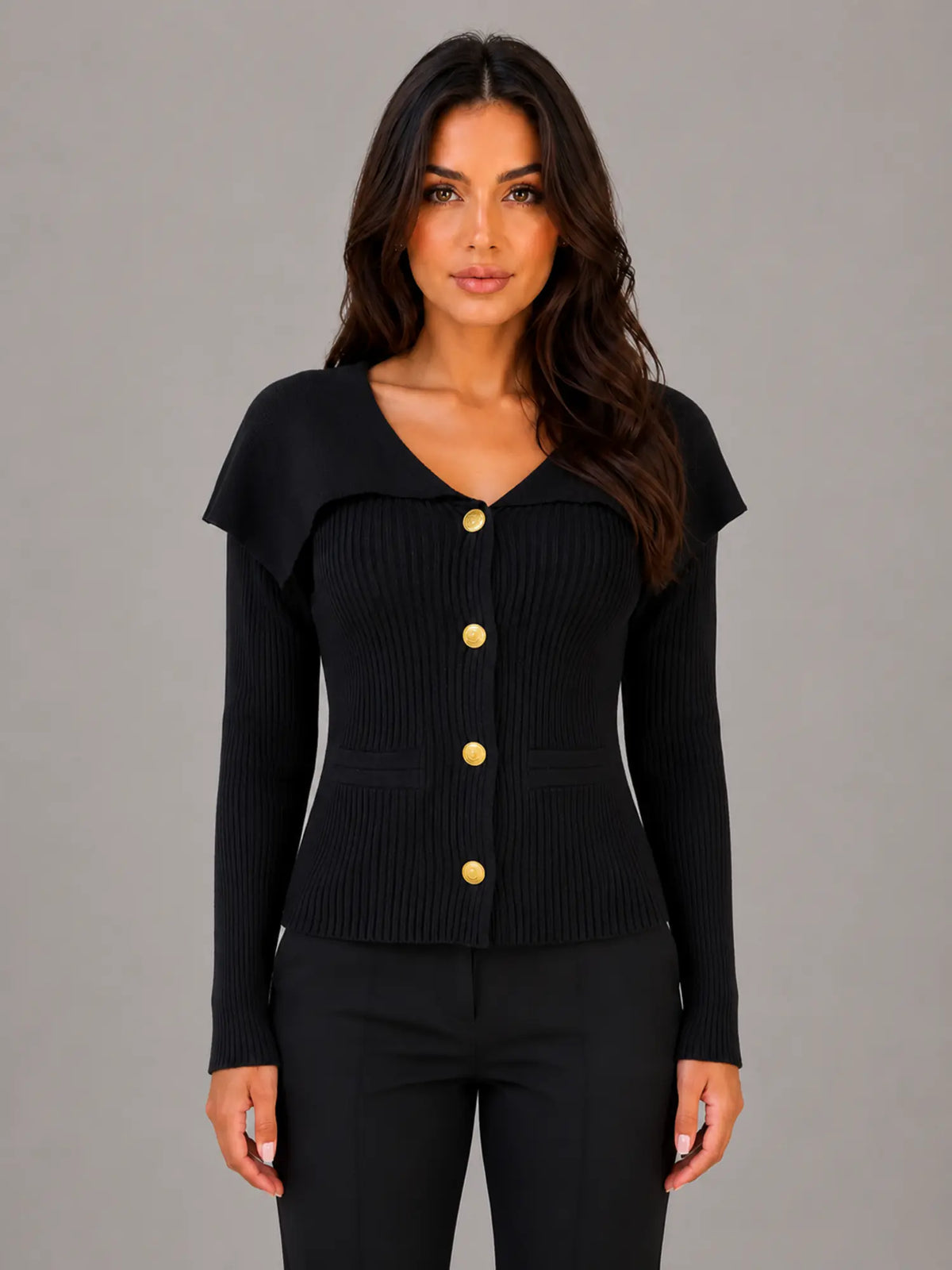 Women's Ribbed Cardigan – Gold Button Cape Collar in Black – Main view
