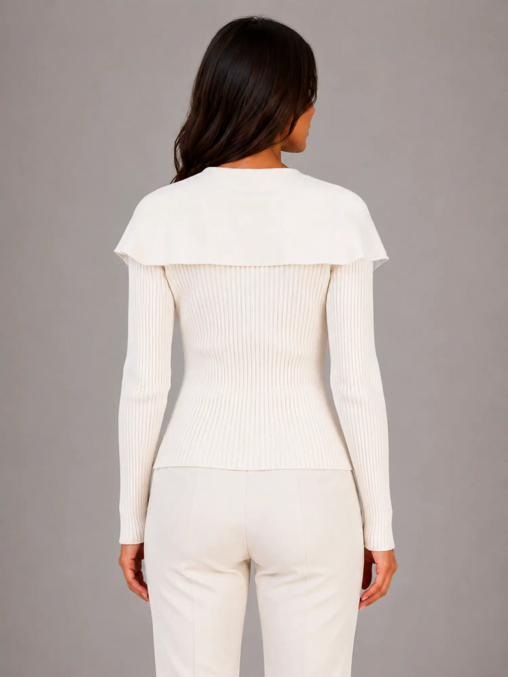 Women's Ribbed Cardigan – Gold Button Cape Collar in Cream – Back view