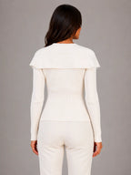 Women's Ribbed Cardigan – Gold Button Cape Collar in Cream – Back view