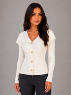 Women's Ribbed Cardigan – Gold Button Cape Collar in Cream – Hover view