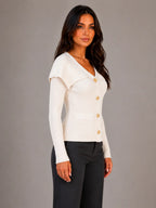 Women's Ribbed Cardigan – Gold Button Cape Collar in Cream – Side view