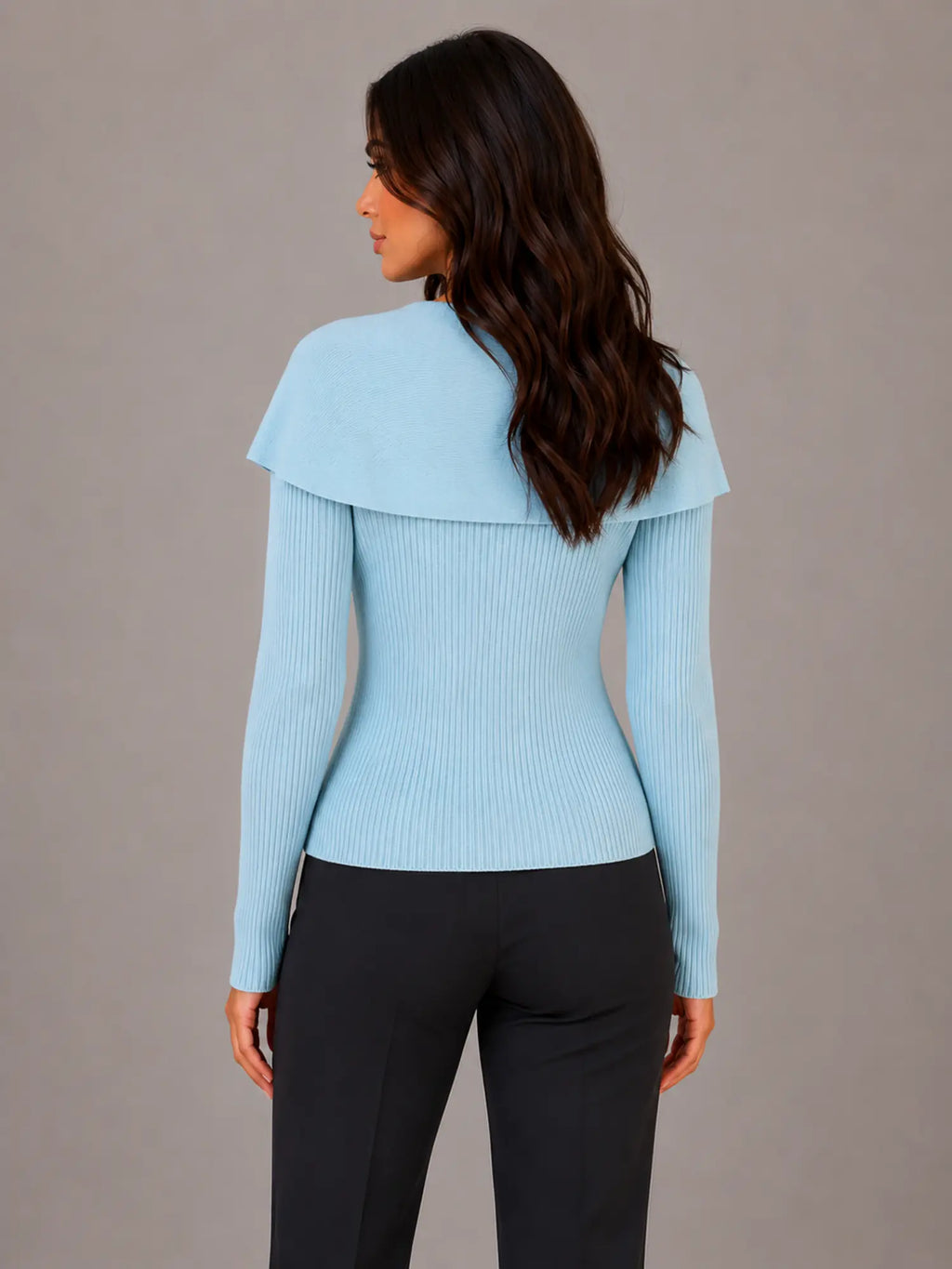 Women's Ribbed Cardigan – Gold Button Cape Collar in Light Blue – Back view
