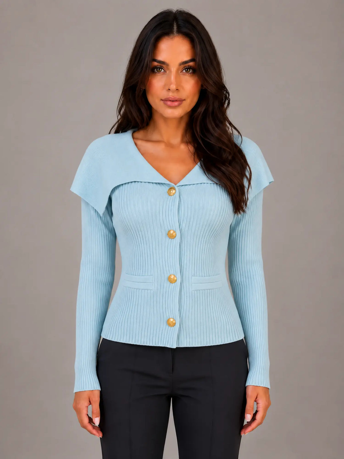 Women's Ribbed Cardigan – Gold Button Cape Collar in Light Blue – Main view