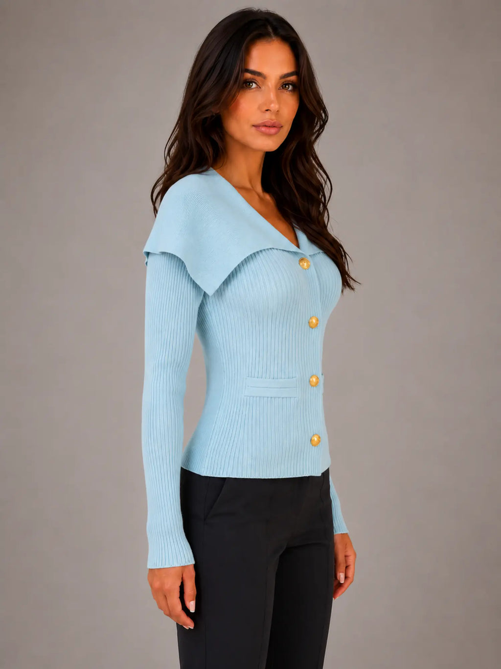 Women's Ribbed Cardigan – Gold Button Cape Collar in Light Blue – Side view