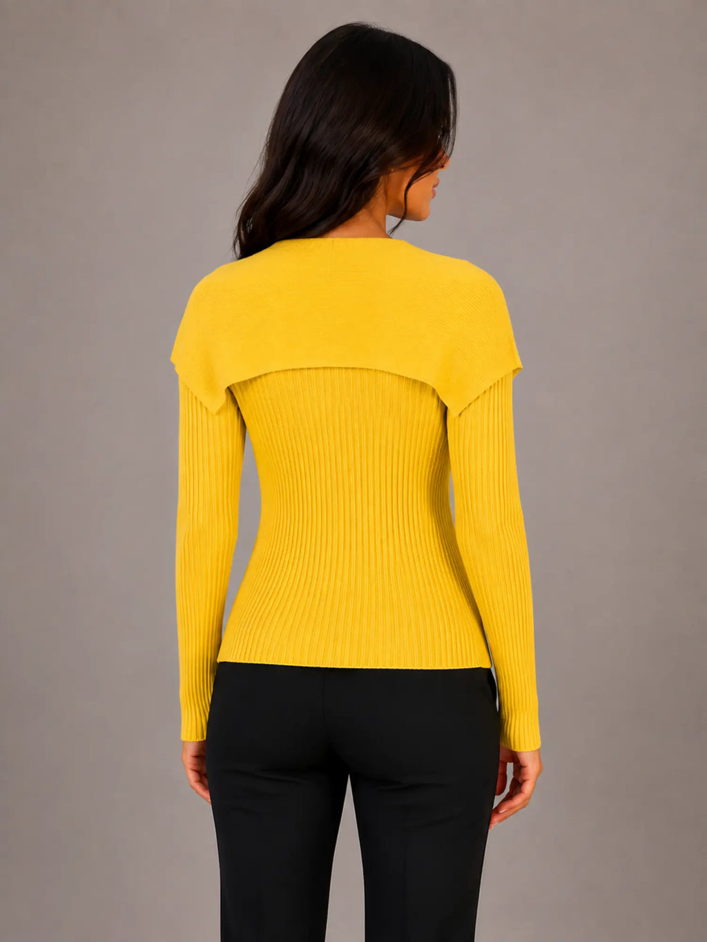 Women's Ribbed Cardigan – Gold Button Cape Collar in Yellow – Back view