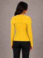 Women's Ribbed Cardigan – Gold Button Cape Collar in Yellow – Back view